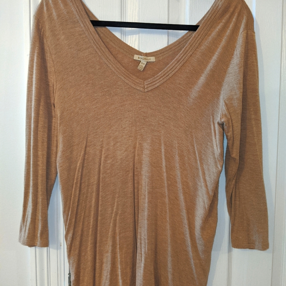 Anthropologie Bordeaux deep v neck tan blouse XS